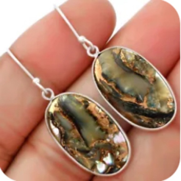 Earth Art hand crafted artisan Jewelry - Sterling silver genuine Copper black turquoise with shell earrings